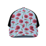 Pink Carnation Pattern Print Black Mesh Trucker Cap