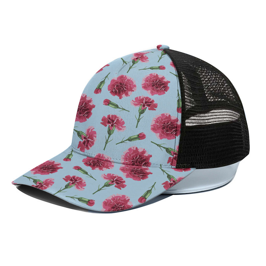 Pink Carnation Pattern Print Black Mesh Trucker Cap