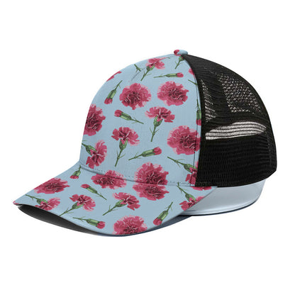 Pink Carnation Pattern Print Black Mesh Trucker Cap