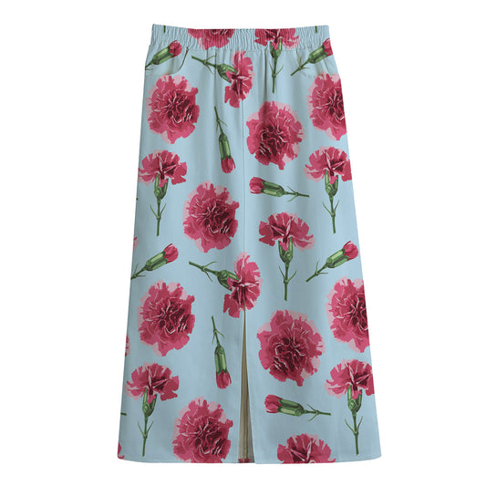 Pink Carnation Pattern Print Cotton Front Slit Maxi Skirt
