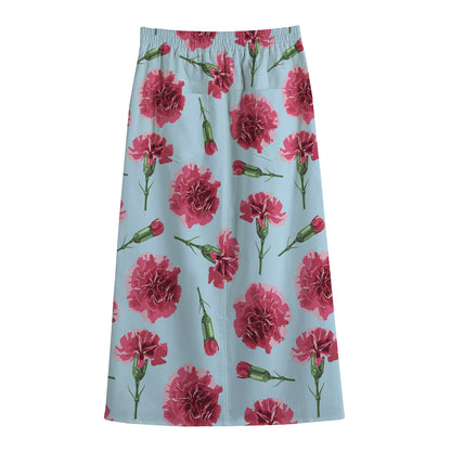Pink Carnation Pattern Print Cotton Front Slit Maxi Skirt