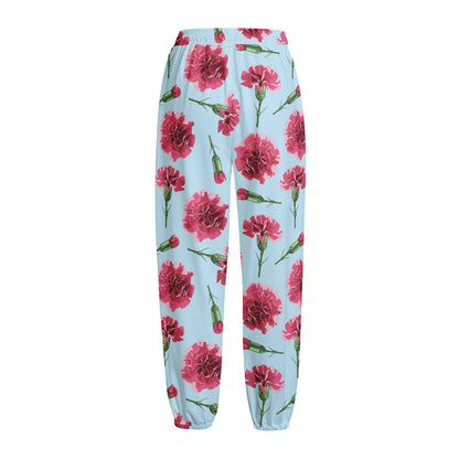 Pink Carnation Pattern Print Fleece Lined Knit Pants