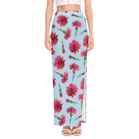Pink Carnation Pattern Print High Slit Maxi Skirt