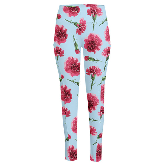 Pink Carnation Pattern Print High-Waisted Pocket Leggings