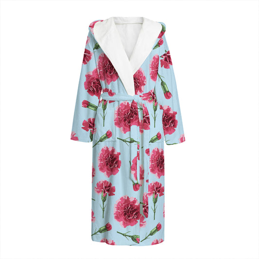 Pink Carnation Pattern Print Hooded Bathrobe