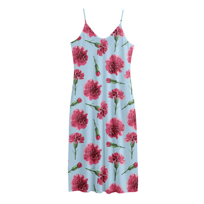 Pink Carnation Pattern Print Jersey Midi Cami Dress
