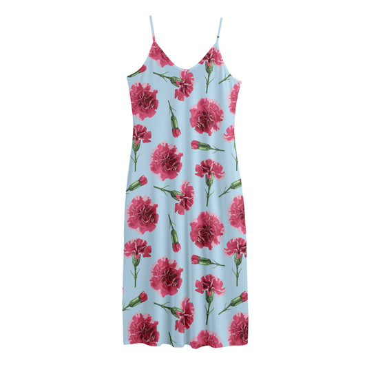Pink Carnation Pattern Print Jersey Midi Cami Dress