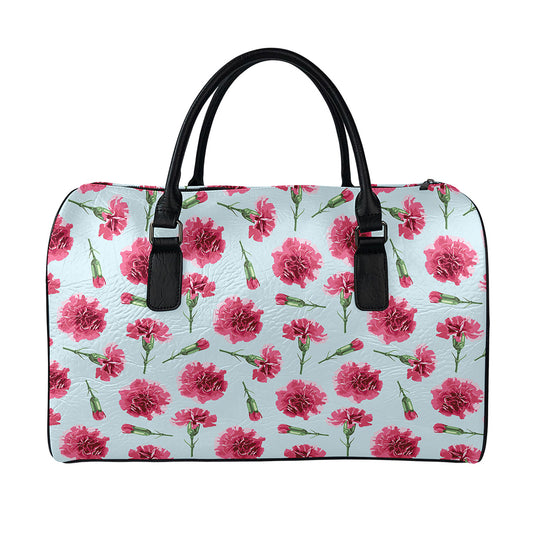 Pink Carnation Pattern Print Leather Duffle Bag