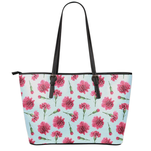 Pink Carnation Pattern Print Leather Tote Bag