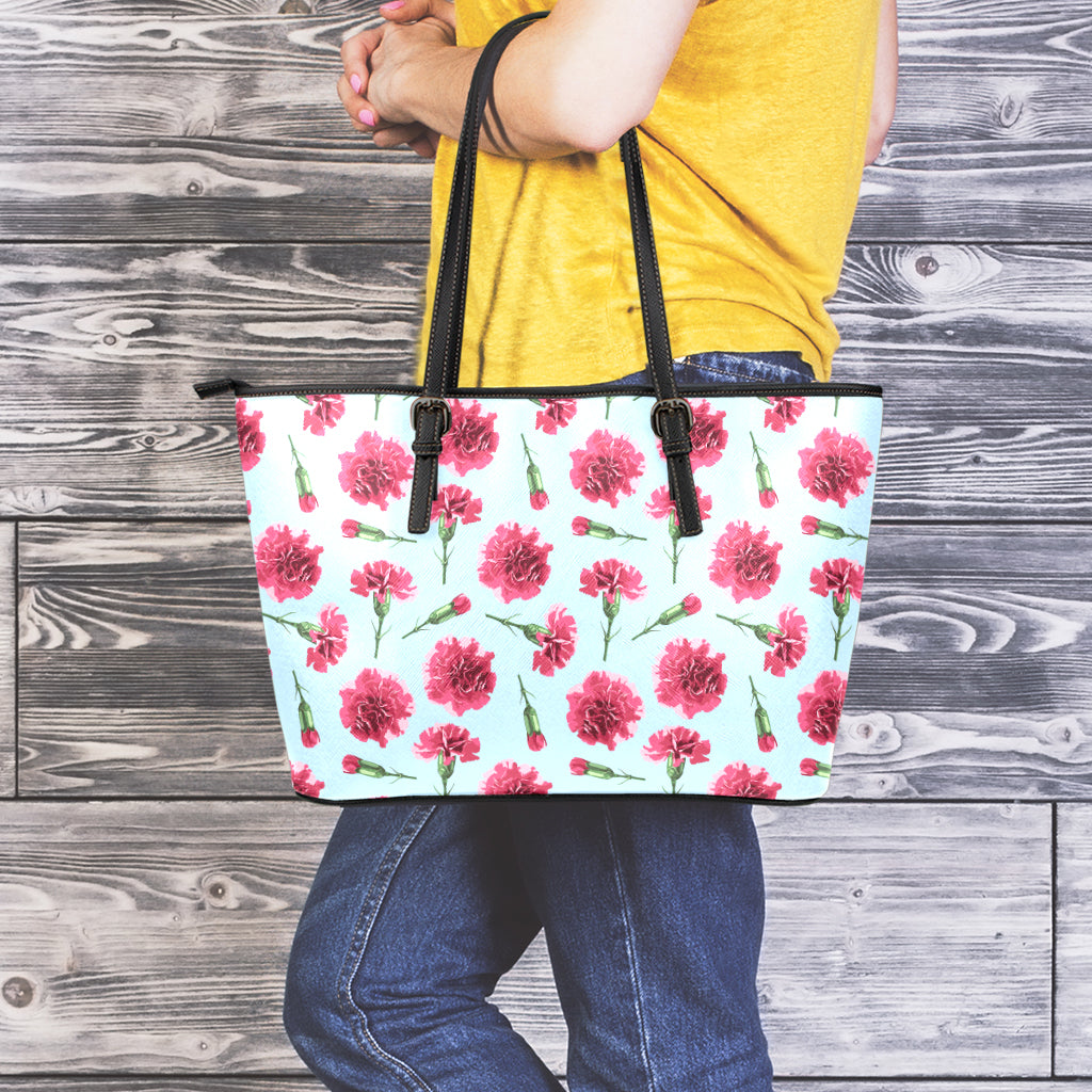 Pink Carnation Pattern Print Leather Tote Bag