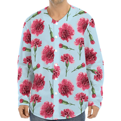 Pink Carnation Pattern Print Long Sleeve Baseball Jersey