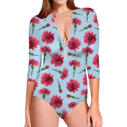 Pink Carnation Pattern Print Long Sleeve Swimsuit