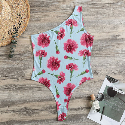 Pink Carnation Pattern Print One Shoulder Bodysuit
