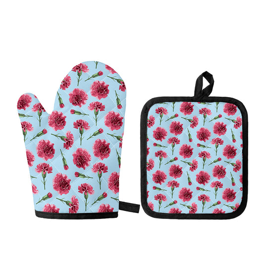Pink Carnation Pattern Print Oven Mitt And Pot Holder Set
