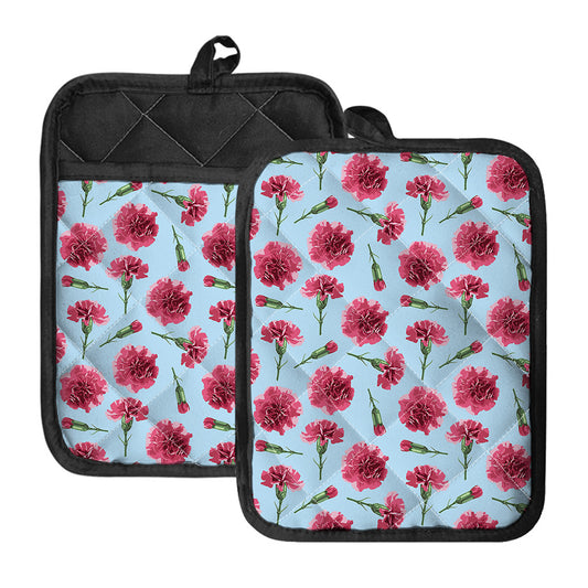 Pink Carnation Pattern Print Pot Holders With Pocket