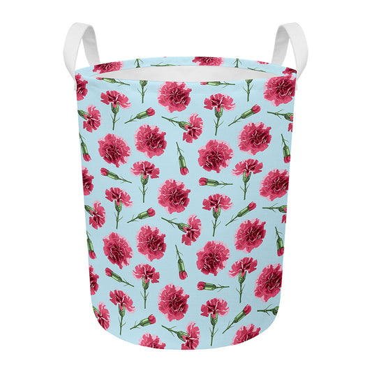 Pink Carnation Pattern Print Round Laundry Basket