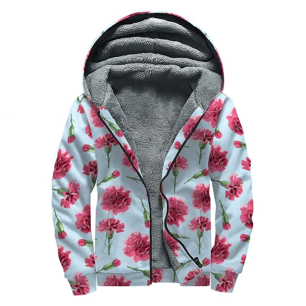 Pink Carnation Pattern Print Sherpa Lined Zip Up Hoodie