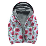 Pink Carnation Pattern Print Sherpa Lined Zip Up Hoodie