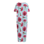 Pink Carnation Pattern Print Short Sleeve Long Nightdress