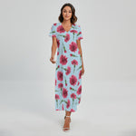 Pink Carnation Pattern Print Short Sleeve Maxi Dress