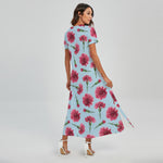 Pink Carnation Pattern Print Short Sleeve Maxi Dress