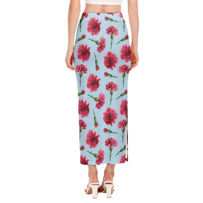 Pink Carnation Pattern Print Side Slit Maxi Skirt