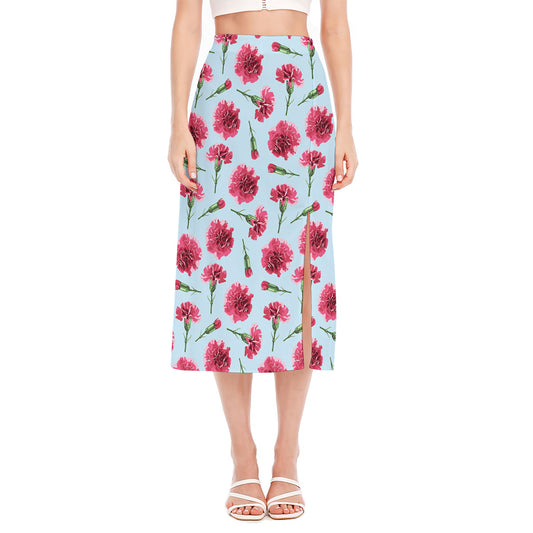 Pink Carnation Pattern Print Side Slit Midi Skirt