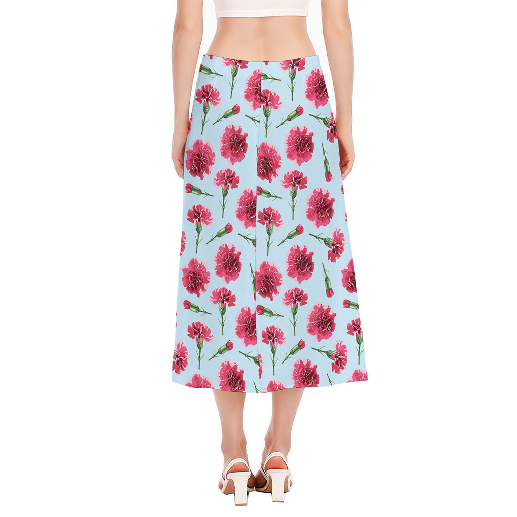 Pink Carnation Pattern Print Side Slit Midi Skirt