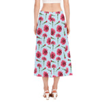 Pink Carnation Pattern Print Side Slit Midi Skirt