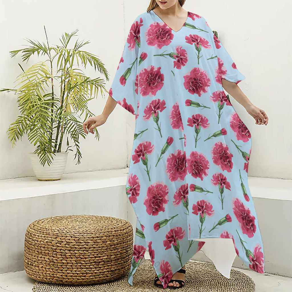 Pink Carnation Pattern Print Silk V-Neck Kaftan Dress