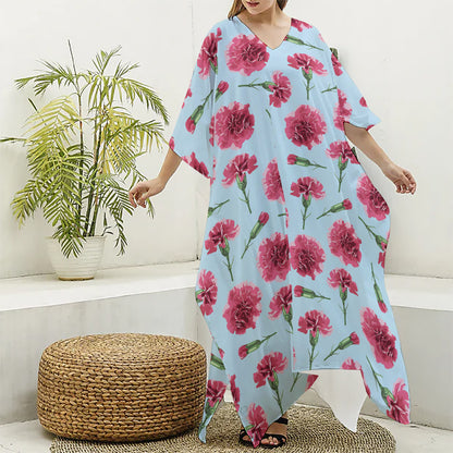 Pink Carnation Pattern Print Silk V-Neck Kaftan Dress