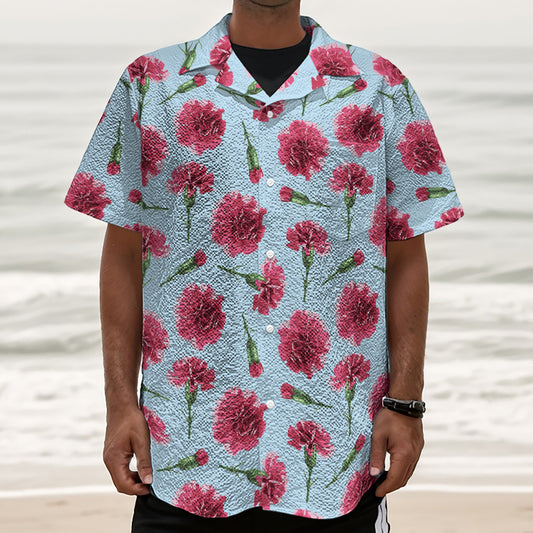 Pink Carnation Pattern Print Textured Short Sleeve Shirt