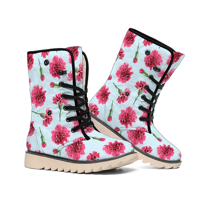 Pink Carnation Pattern Print Winter Boots