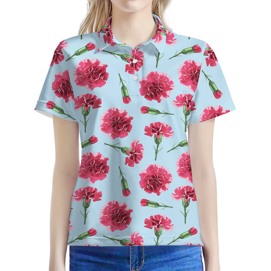 Pink Carnation Pattern Print Women's Polo Shirt