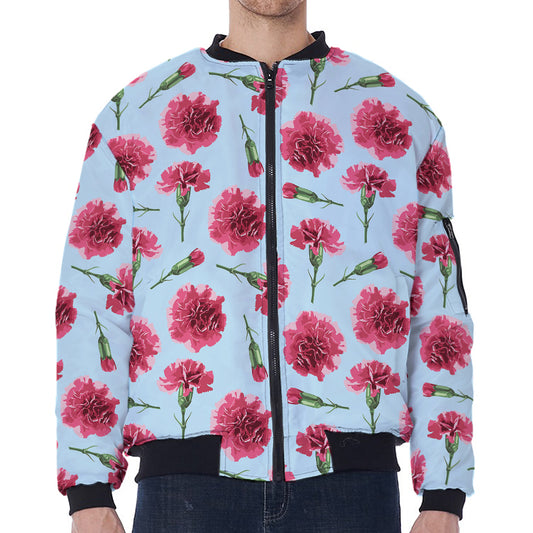 Pink Carnation Pattern Print Zip Sleeve Bomber Jacket
