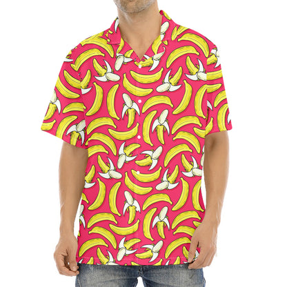 Pink Cartoon Banana Pattern Print Aloha Shirt