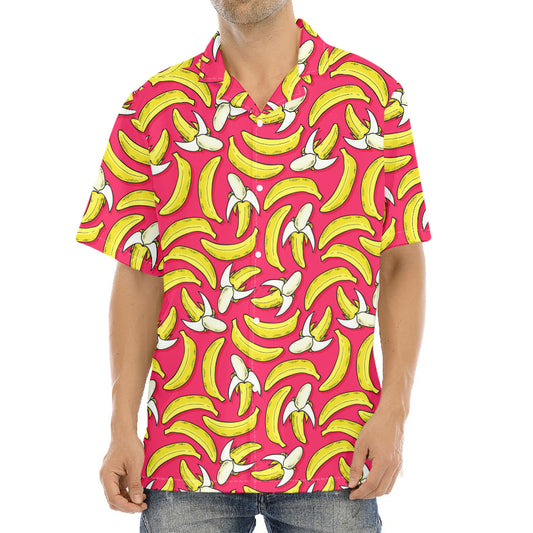 Pink Cartoon Banana Pattern Print Aloha Shirt