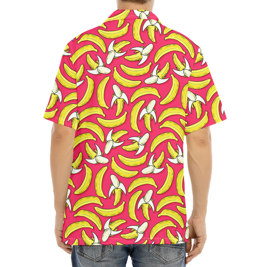 Pink Cartoon Banana Pattern Print Aloha Shirt