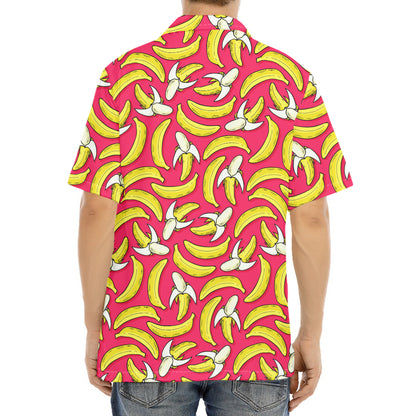 Pink Cartoon Banana Pattern Print Aloha Shirt