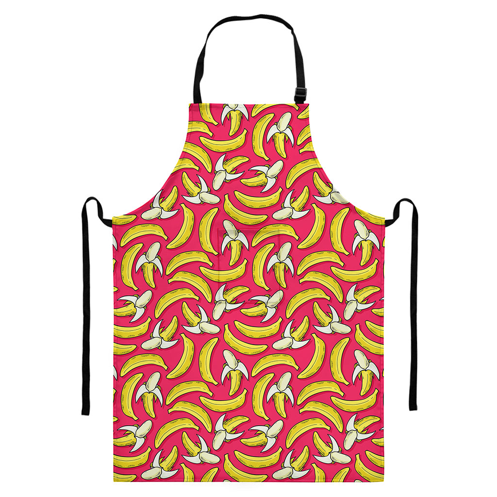 Pink Cartoon Banana Pattern Print Bib Apron With Pocket