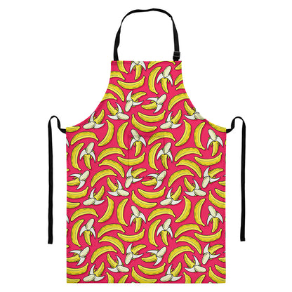 Pink Cartoon Banana Pattern Print Bib Apron With Pocket