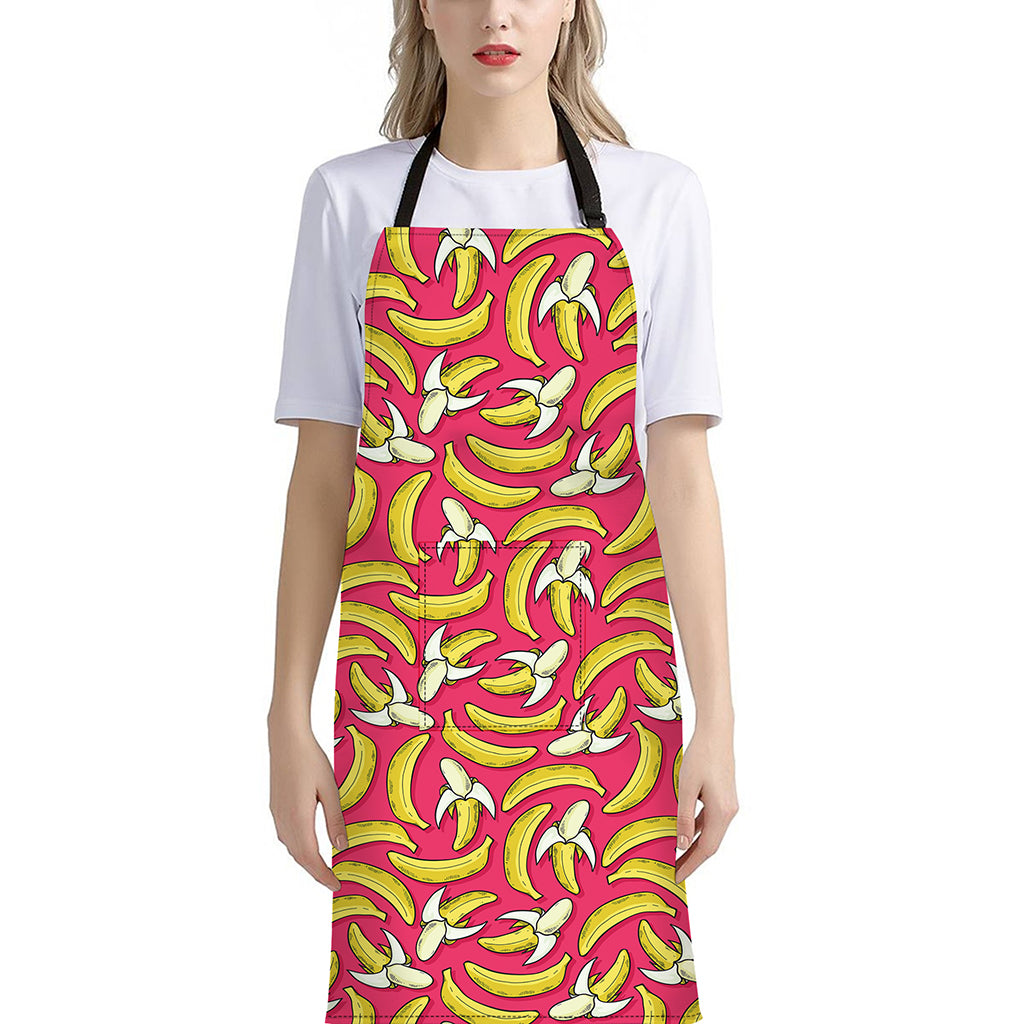 Pink Cartoon Banana Pattern Print Bib Apron With Pocket