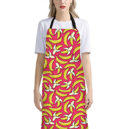 Pink Cartoon Banana Pattern Print Bib Apron With Pocket