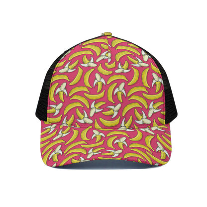 Pink Cartoon Banana Pattern Print Black Mesh Trucker Cap