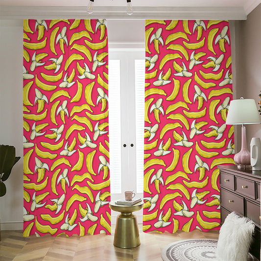 Pink Cartoon Banana Pattern Print Blackout Pencil Pleat Curtains