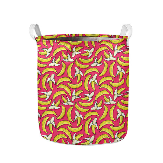 Pink Cartoon Banana Pattern Print Collapsible Laundry Basket