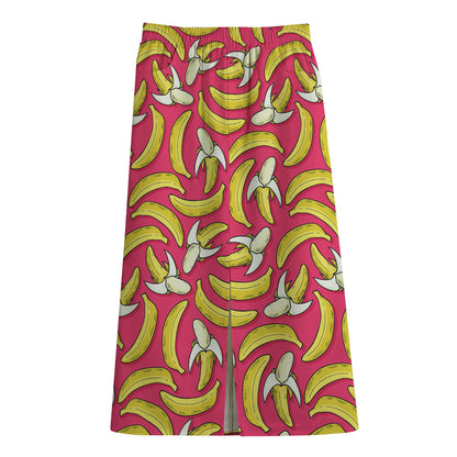 Pink Cartoon Banana Pattern Print Cotton Front Slit Maxi Skirt