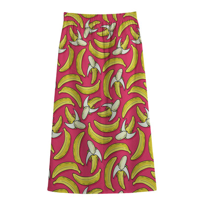 Pink Cartoon Banana Pattern Print Cotton Front Slit Maxi Skirt