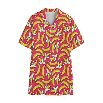 Pink Cartoon Banana Pattern Print Cotton Hawaiian Shirt