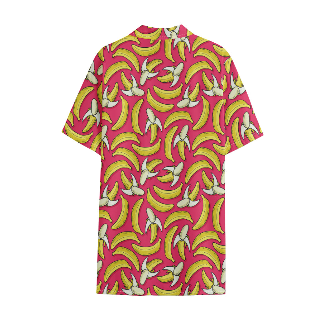 Pink Cartoon Banana Pattern Print Cotton Hawaiian Shirt